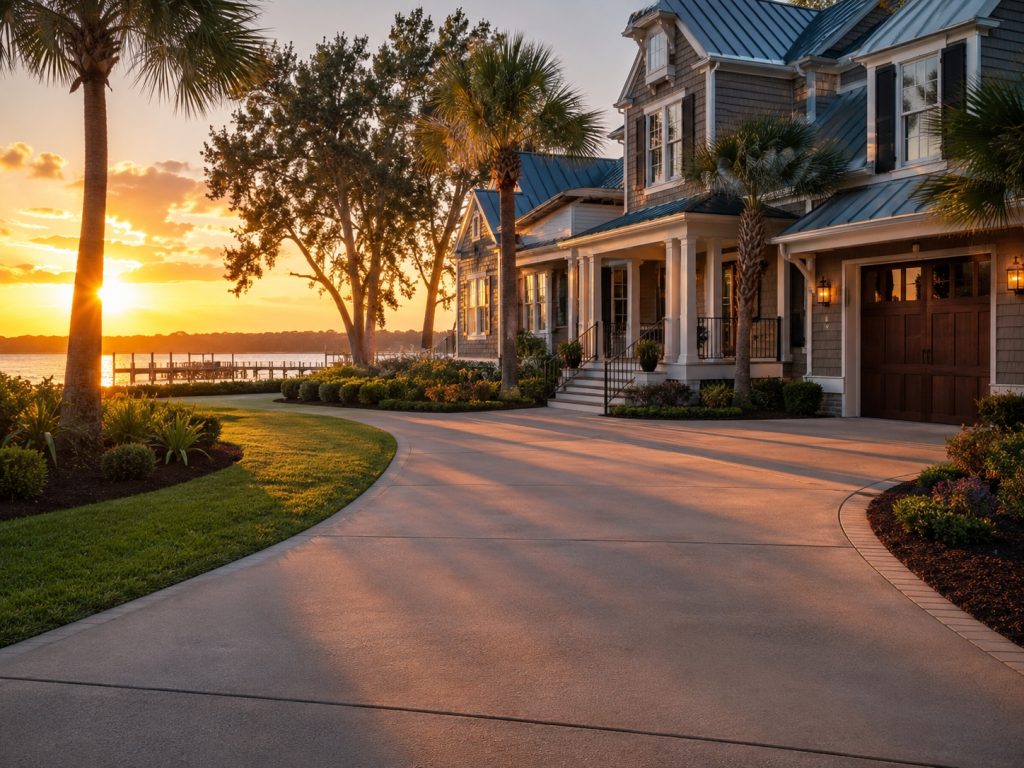 Clean, well-maintained home exterior siding at sunset in a Myrtle Beach coastal neighborhood