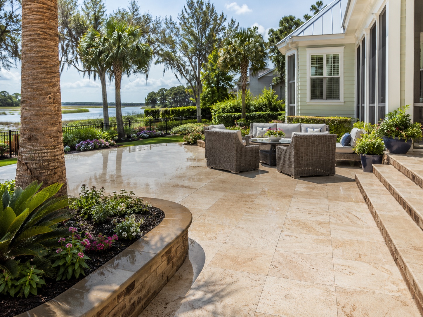 Tidy, prepared outdoor patio space with furniture arranged before a pressure washing appointment