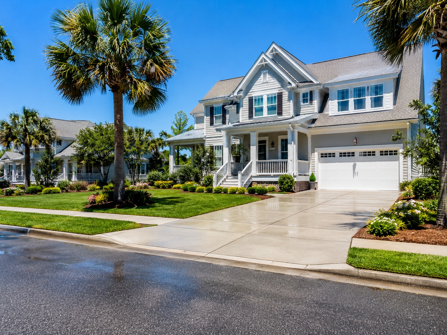 Clean, wet driveway and exterior ready after preparation and washing