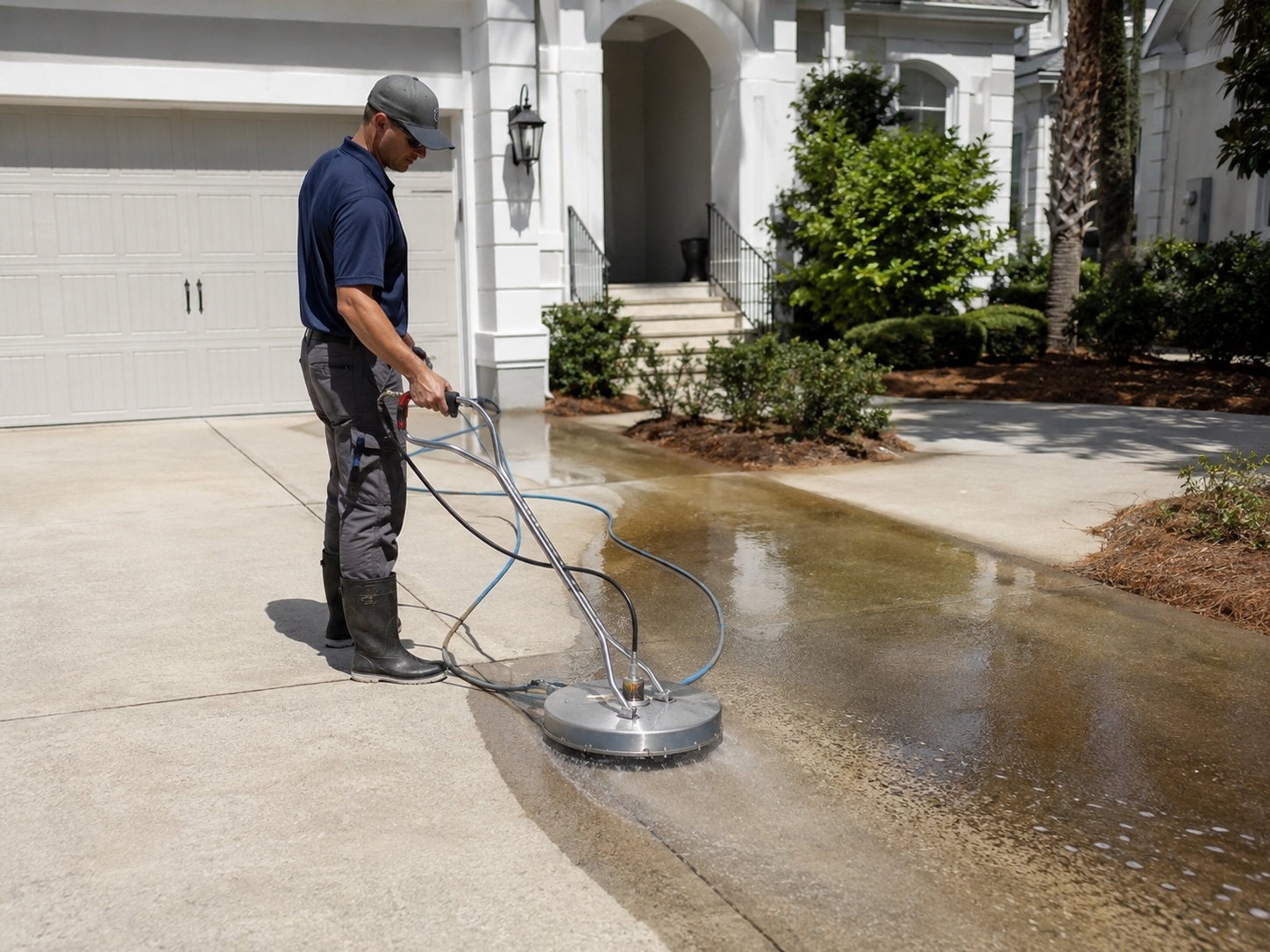 Technician using a surface cleaner attachment to pressure wash a concrete driveway, showing a clear line between cleaned and unwashed concrete